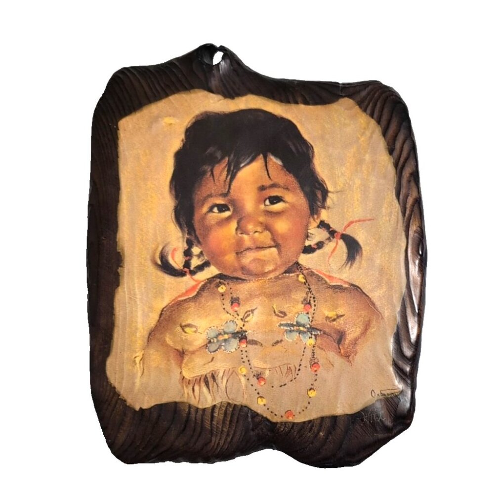 Vtg "Crying Boy" Dorothy Oxboro Indigenous Art Decoupage on Wood 8.5x11" Sealed